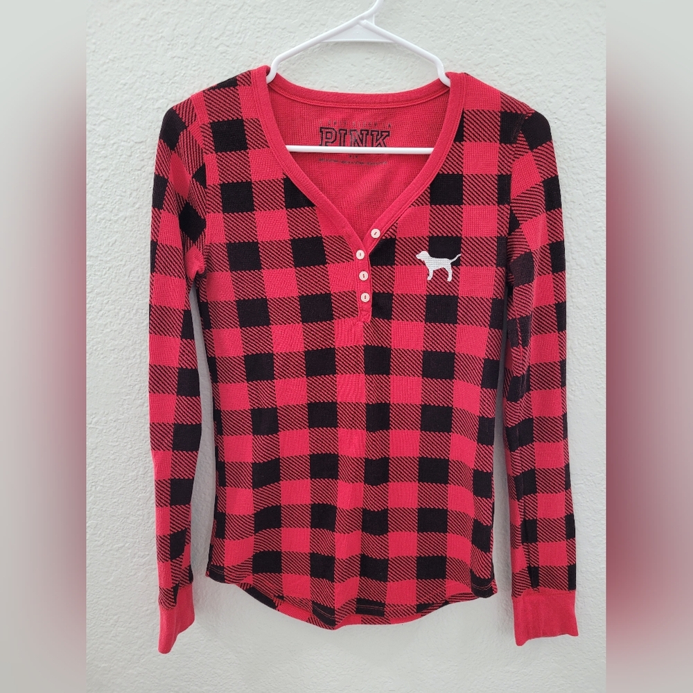 VS Pink Red and Black Checkered Long Sleeve Pajama Set